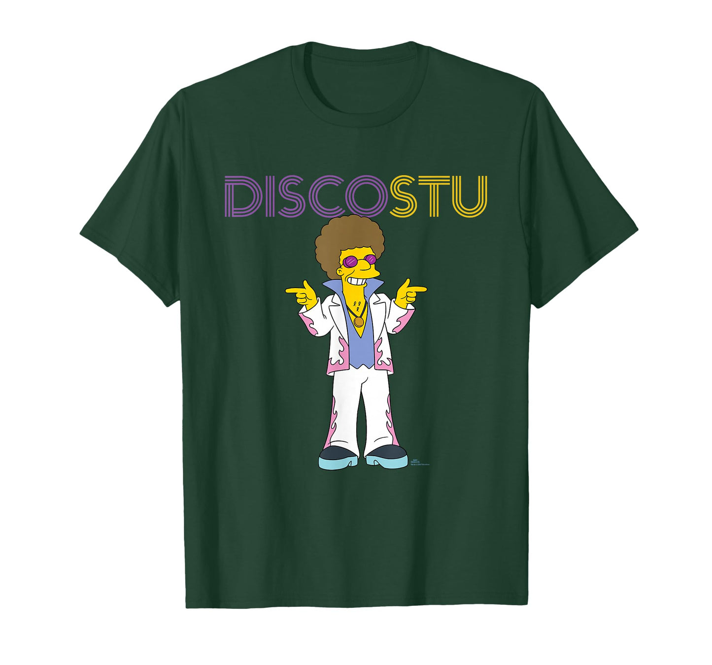 The Simpsons Disco Stu T-Shirt - Unisex-Adults & Kids - Black - Small - Short Sleeve - Crew Collar - Neon Name in Lights Design
