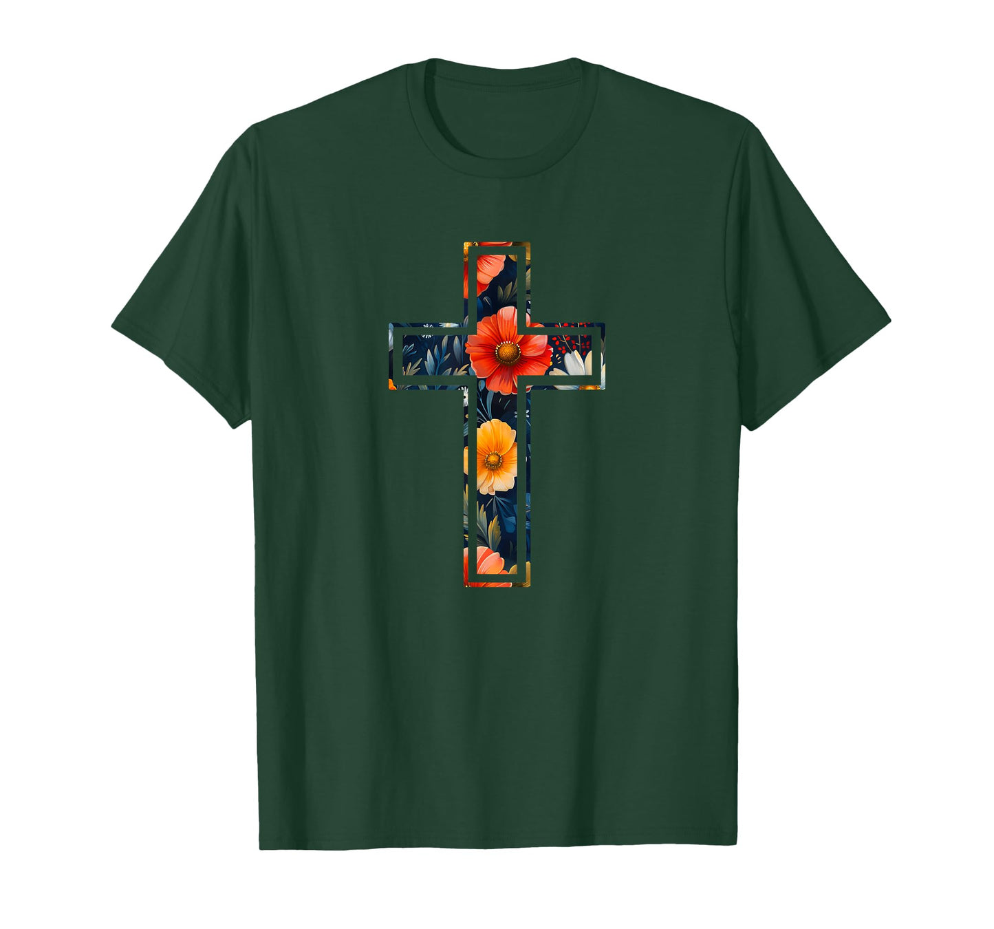 Elegant Silhouette Flowers Faith Floral Christian Cross T-Shirt