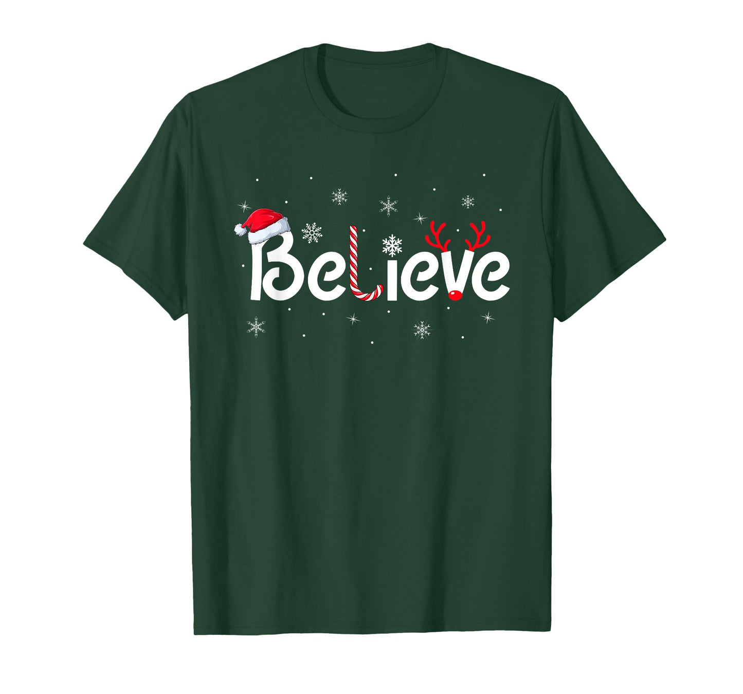 Believe Christmas Family Matching Reindeer Santa Hat Xmas T-Shirt