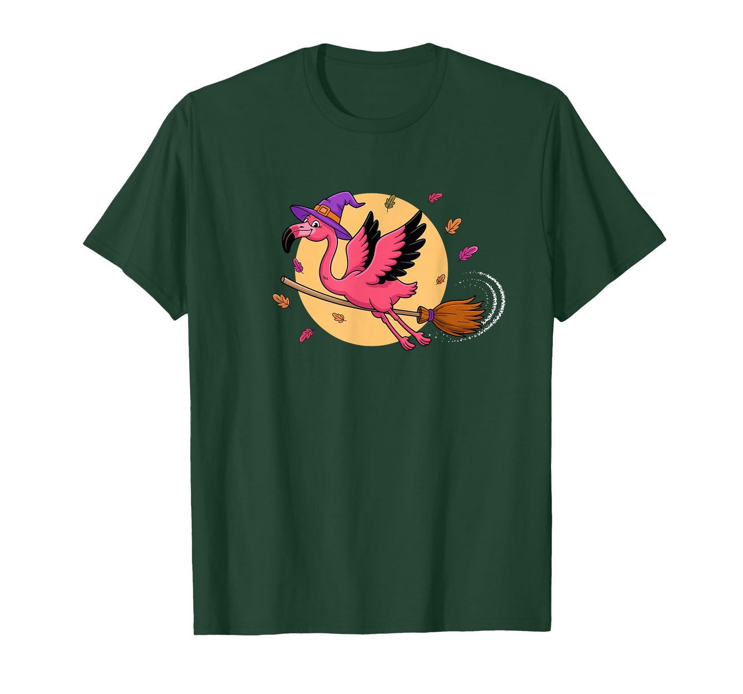Funny Halloween Flamingo Witch Flying on Broom Costume T-Shirt