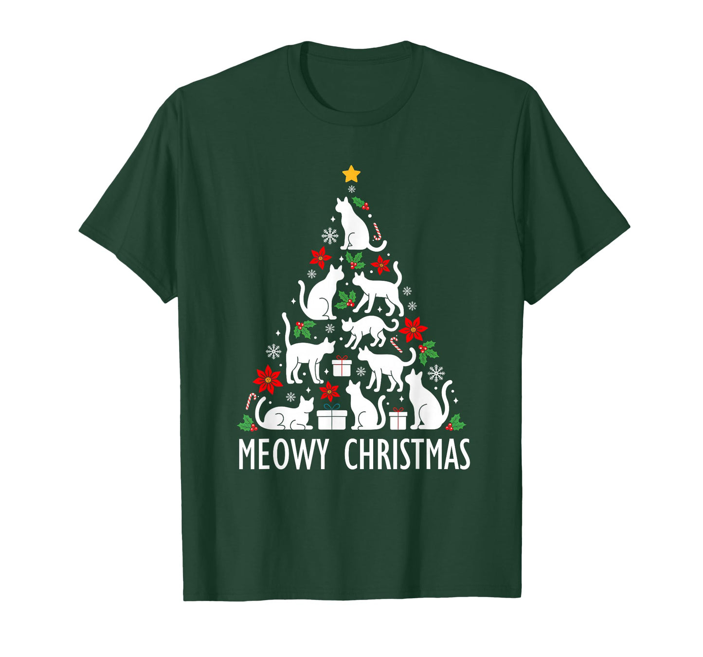 Meowy Christmas Tree Cat Santa Xmas Family Matching Pajamas T-Shirt