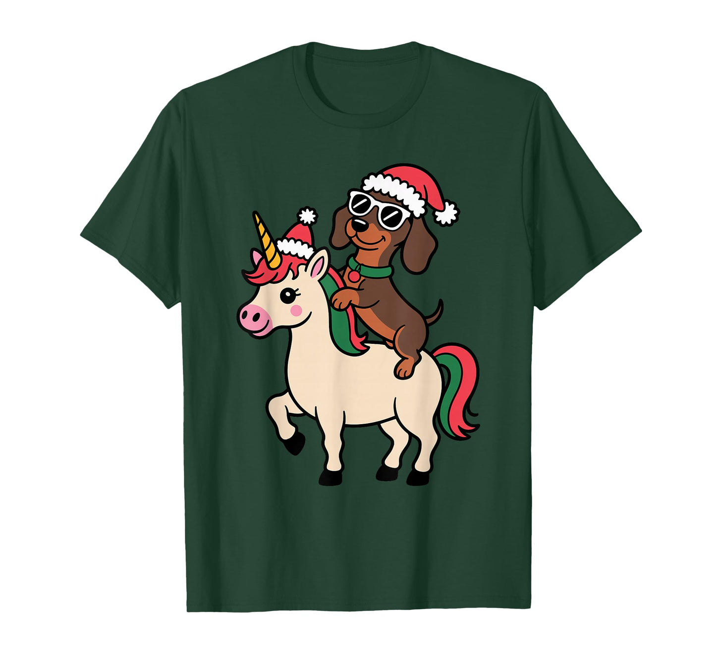 Christmas Dachshund Riding Unicorn Santa hat T-Shirt