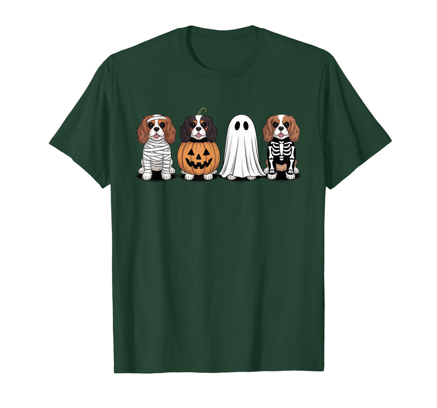 Spooky Ghost Cavalier Dog Pumpkin Halloween Skeleton T-Shirt