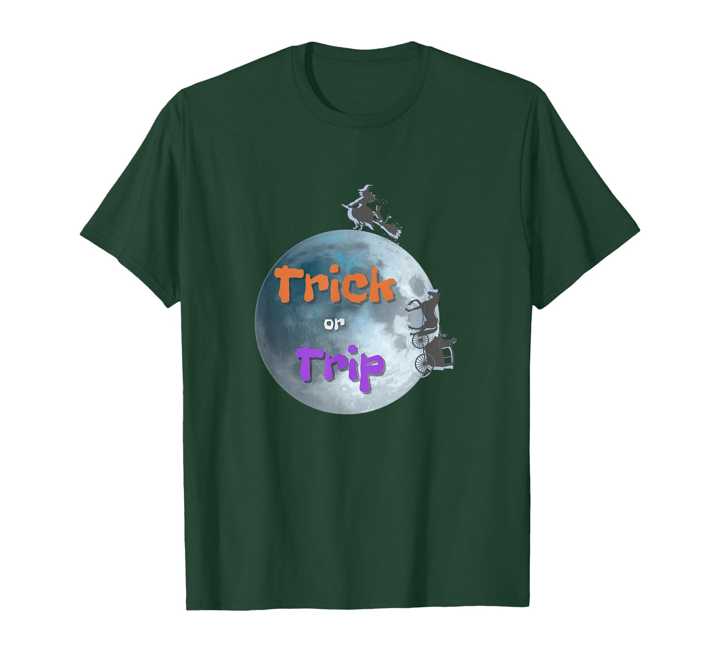 Halloween Trick or Trip - Funny Witch and Carriage Design T-Shirt
