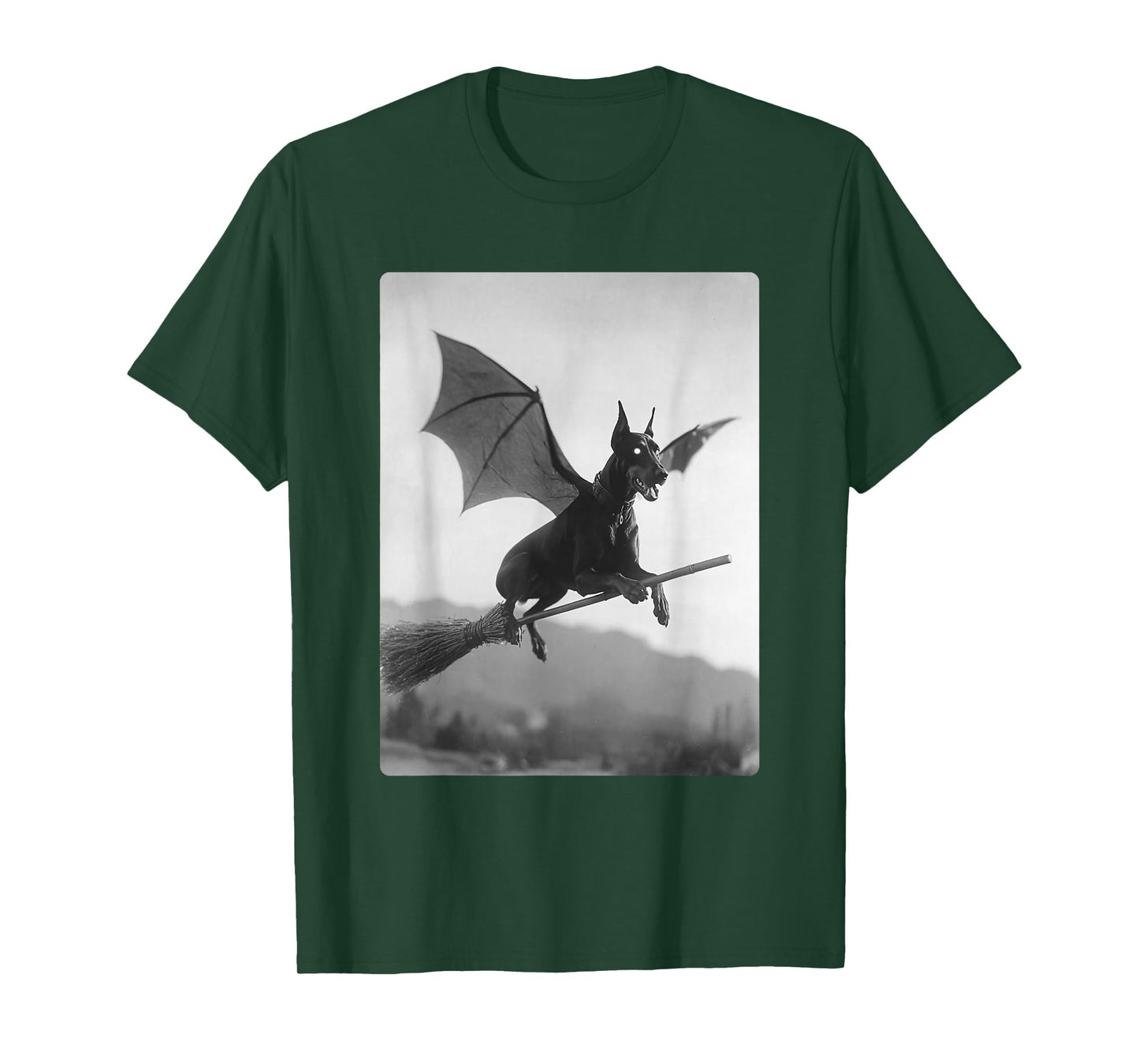 Gothic Doberman Witch Broom Bat Wings Spooky Halloween Dog T-Shirt