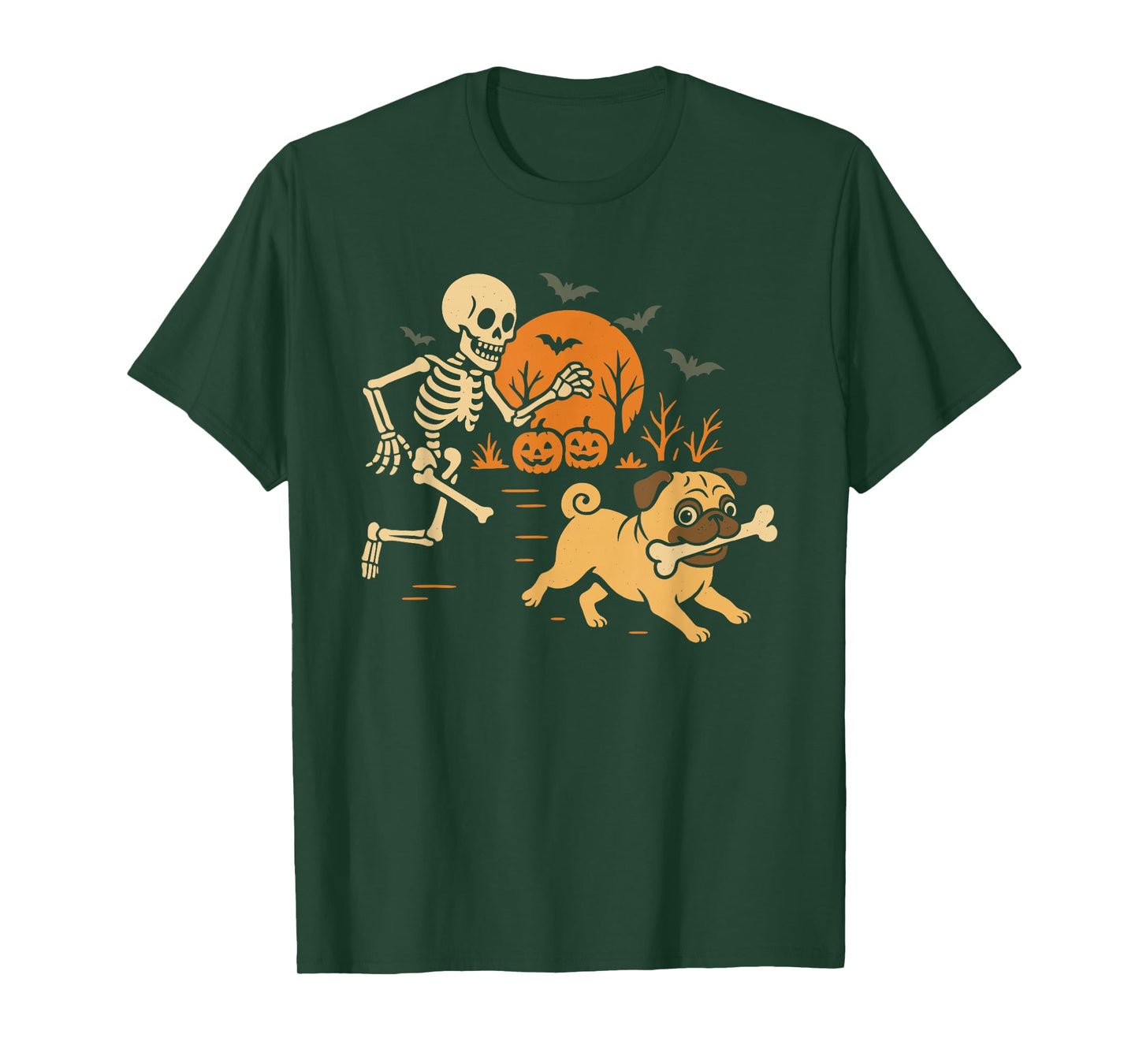 Funny Skeleton Chasing Pug Halloween Costume Dog Lover T-Shirt
