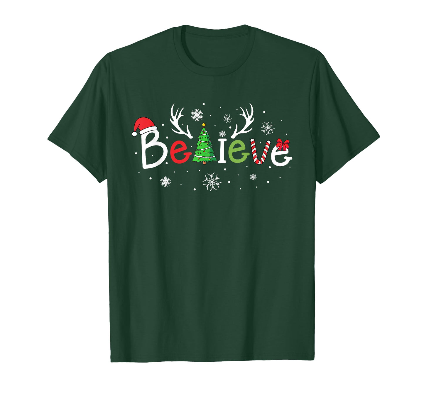 Believe Christmas Tree Family Matching Reindeer Santa Xmas T-Shirt