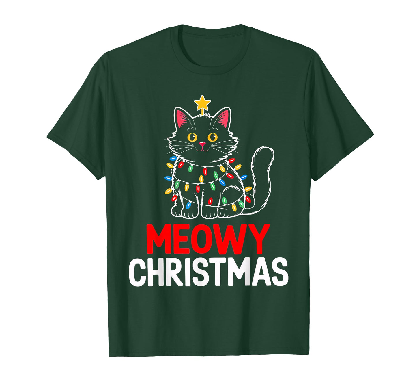 Meowy Christmas Light Black Cat Santa Hat Funny Xmas Pajamas T-Shirt