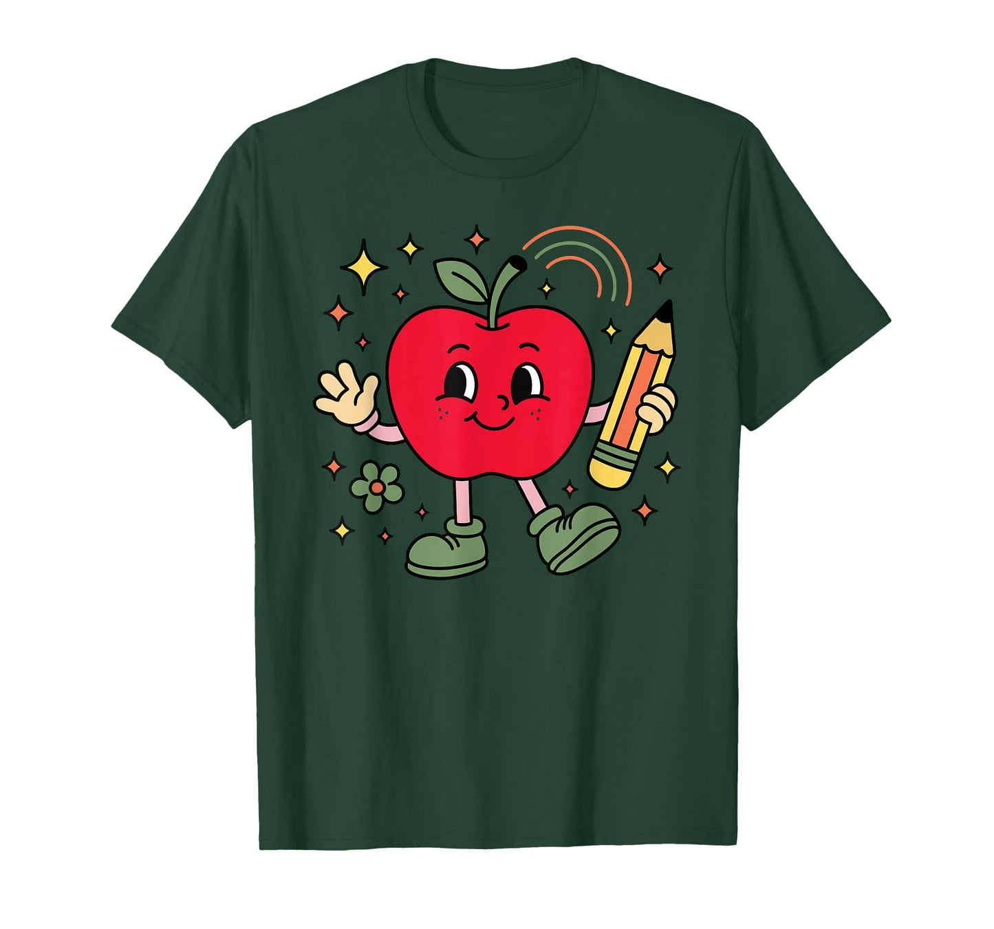 Retro School Apple with Face and Teacher’s Pencil T-Shirt