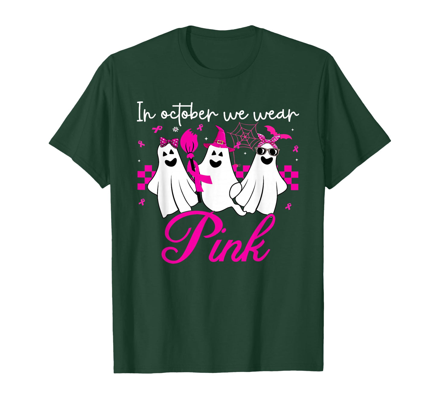 in October We Wear Pink Ghost Witch Breast Cancer Awareness T-Shirt