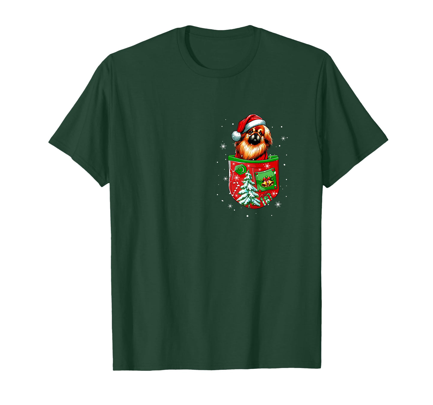 Santa Pekingese in Pocket Owner Christmas Tree Bells T-Shirt