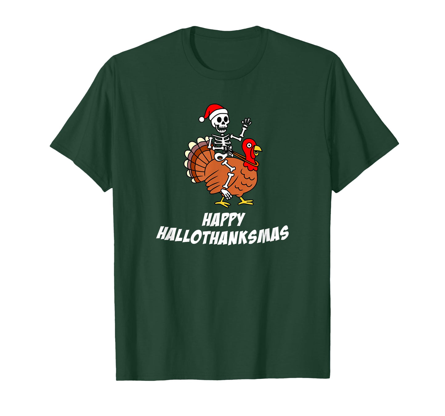 Happy HalloThanksMas Skeleton Santa Hat Turkey Holiday T-Shirt