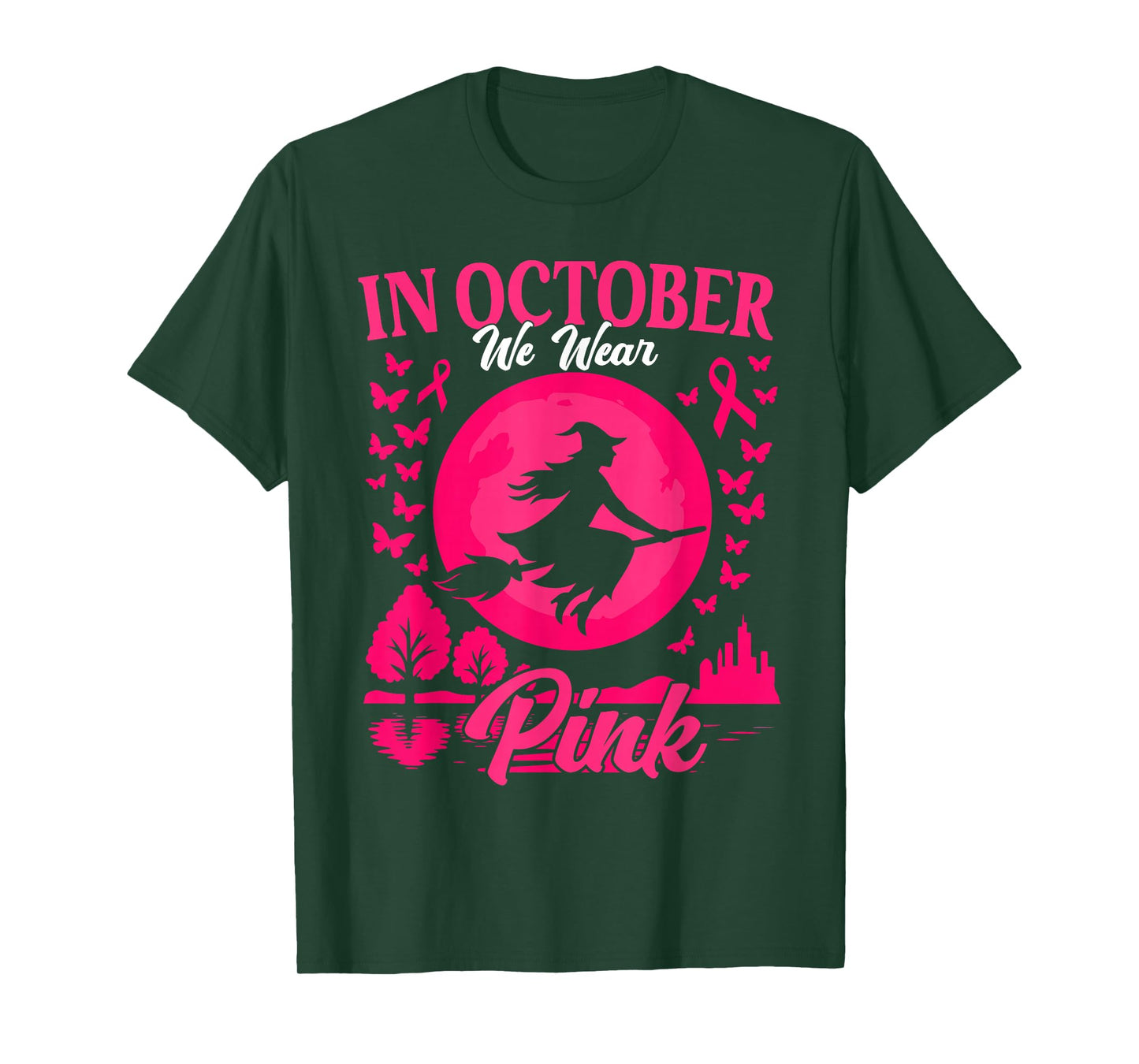 in October We Wear Pink Breast Cancer Women Halloween Girls T-Shirt