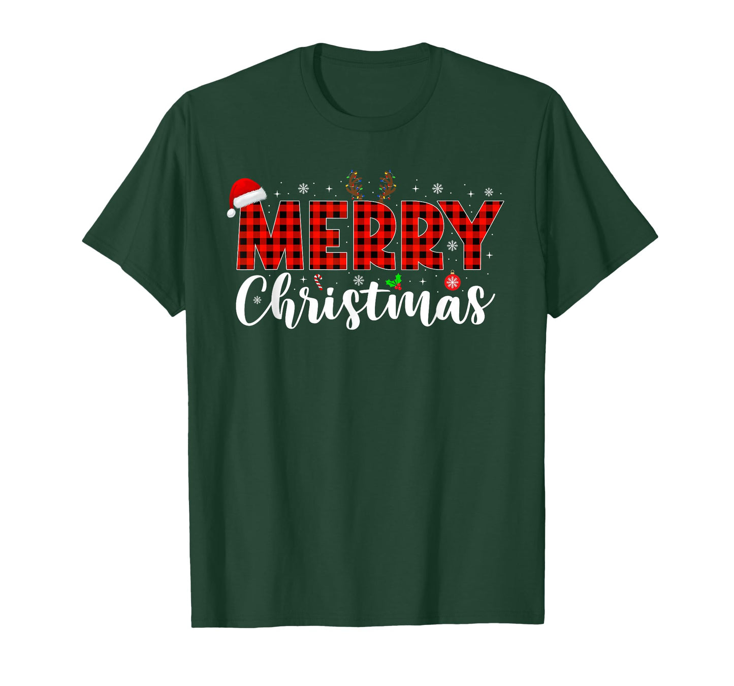 Merry Christmas Plaid Reindeer Xmas Family Men Women Kids T-Shirt