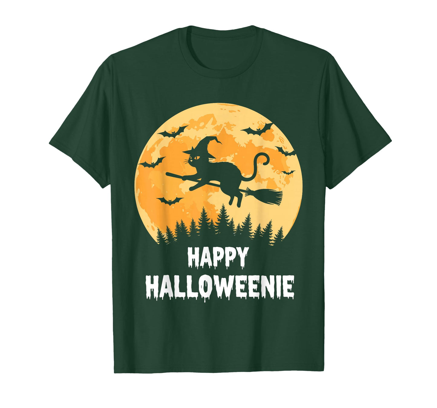Happy Halloweenie Funny Halloween Cat Flying Witch T-Shirt