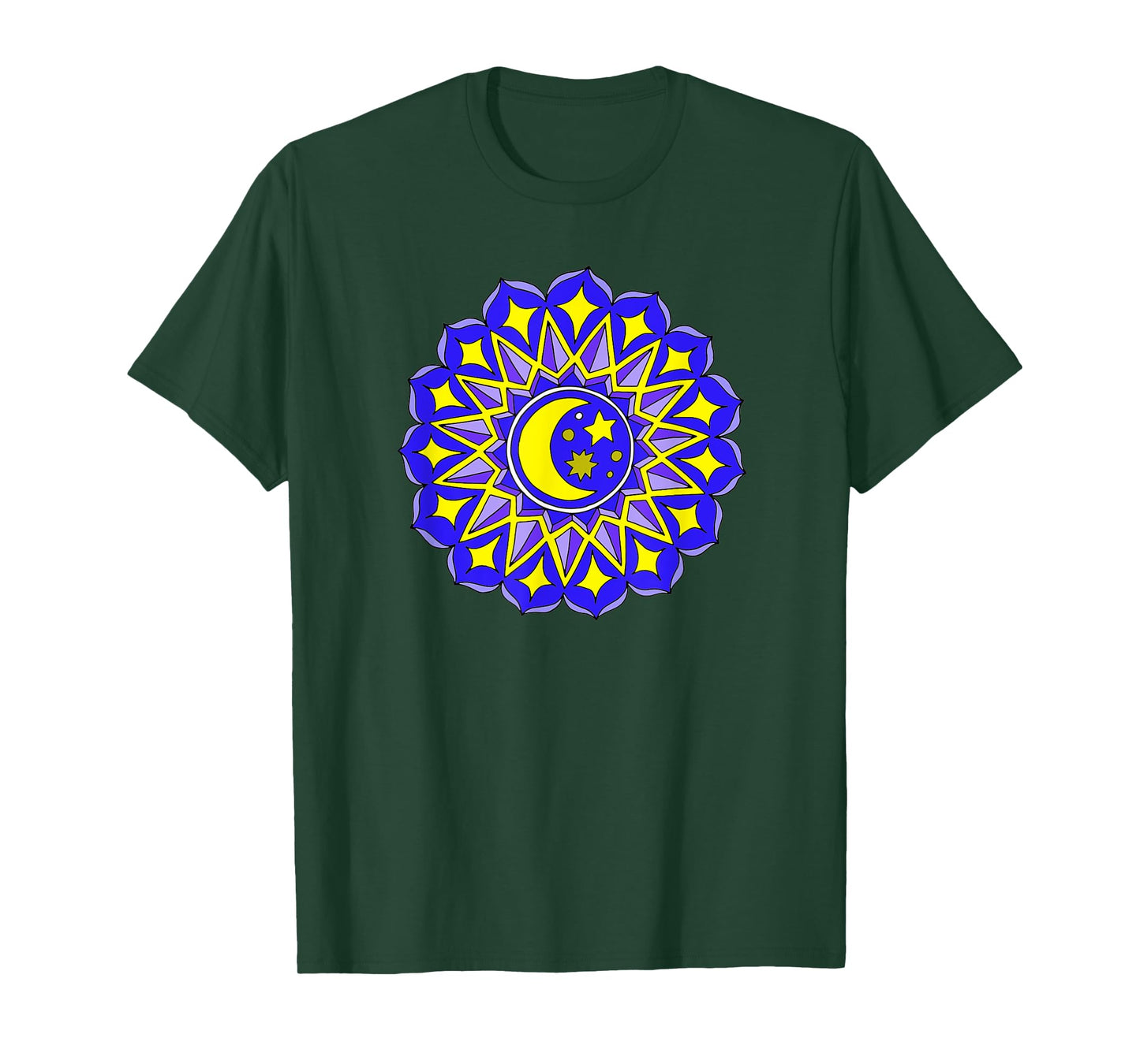 Mandala Moon Stars Blue Yellow Yoga Design Hindu Buddhist T-Shirt
