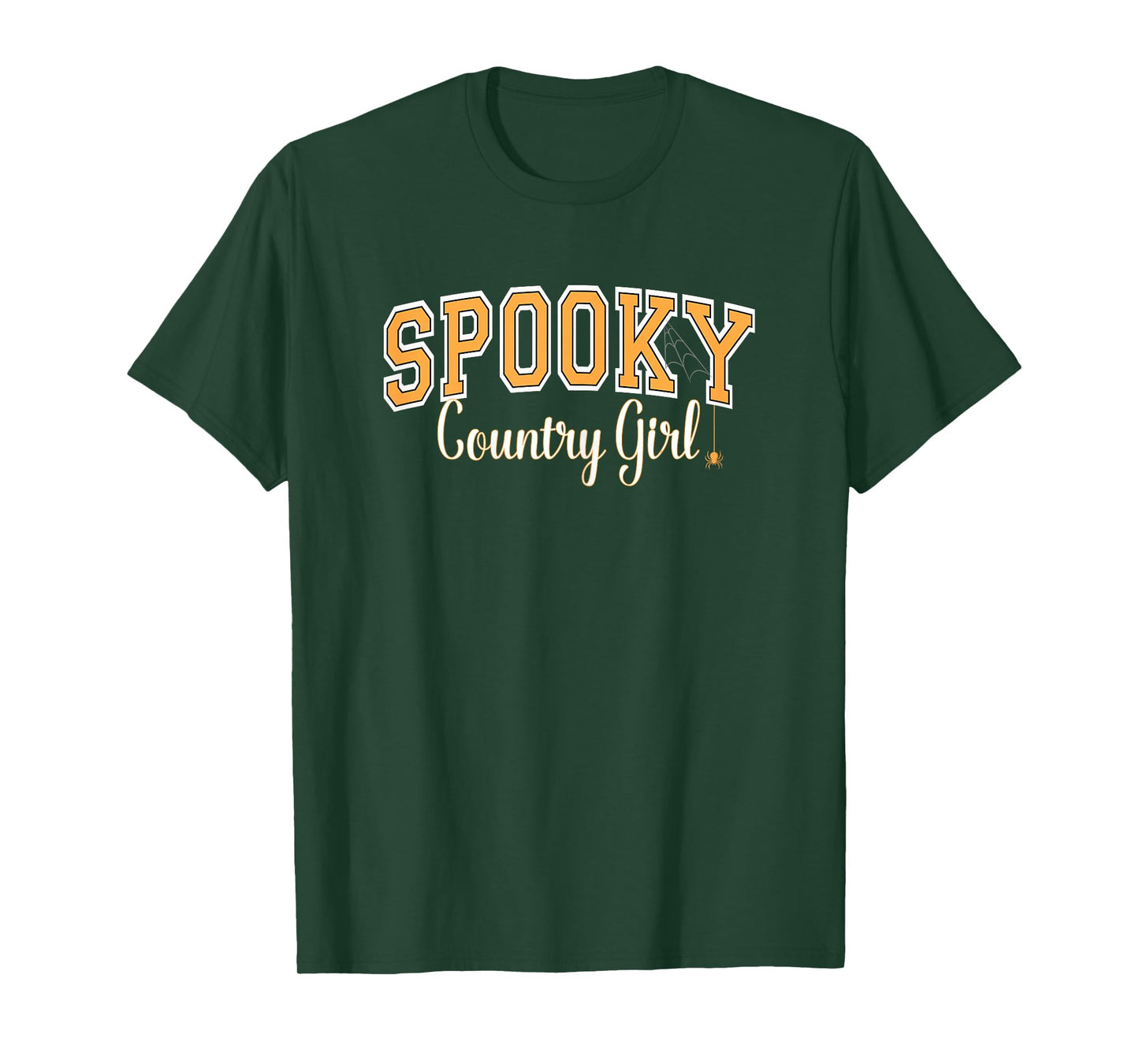 Spooky Country Girl Halloween Spider Varsity Orange Letters T-Shirt