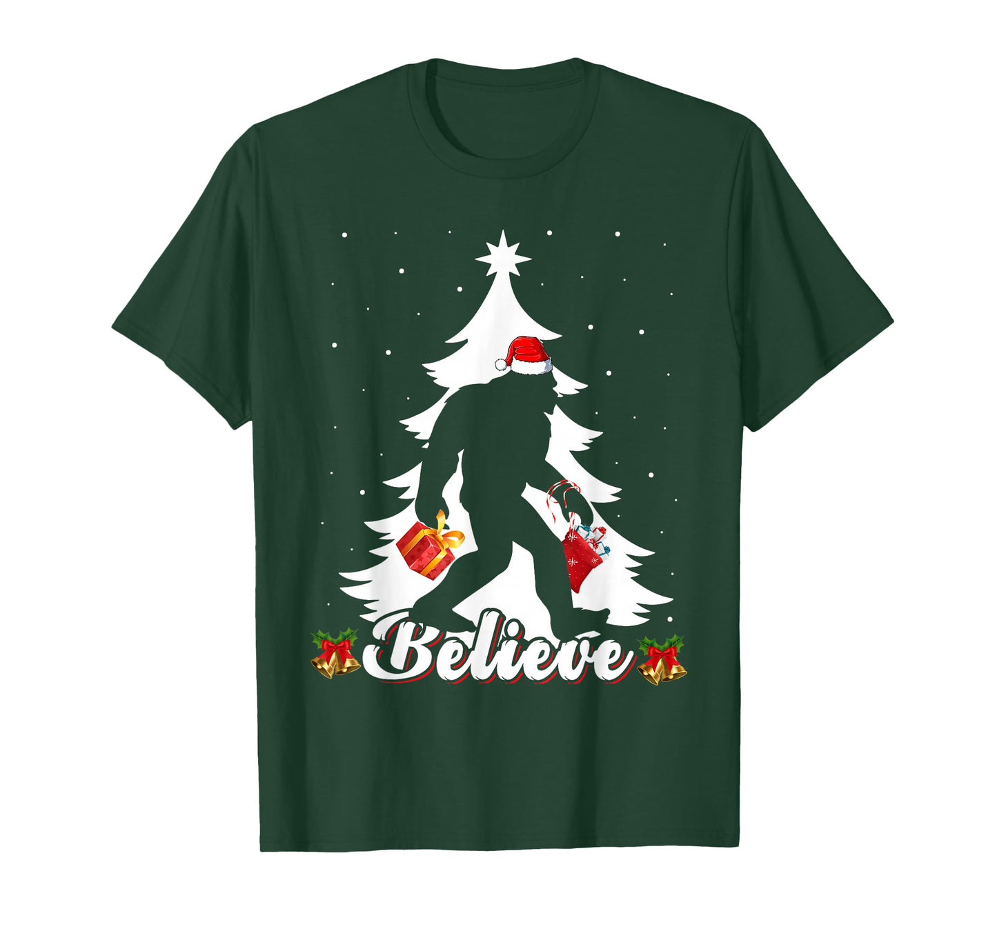 Bigfoot Believe Christmas Tree Funny Santa Sasquatch Xmas T-Shirt