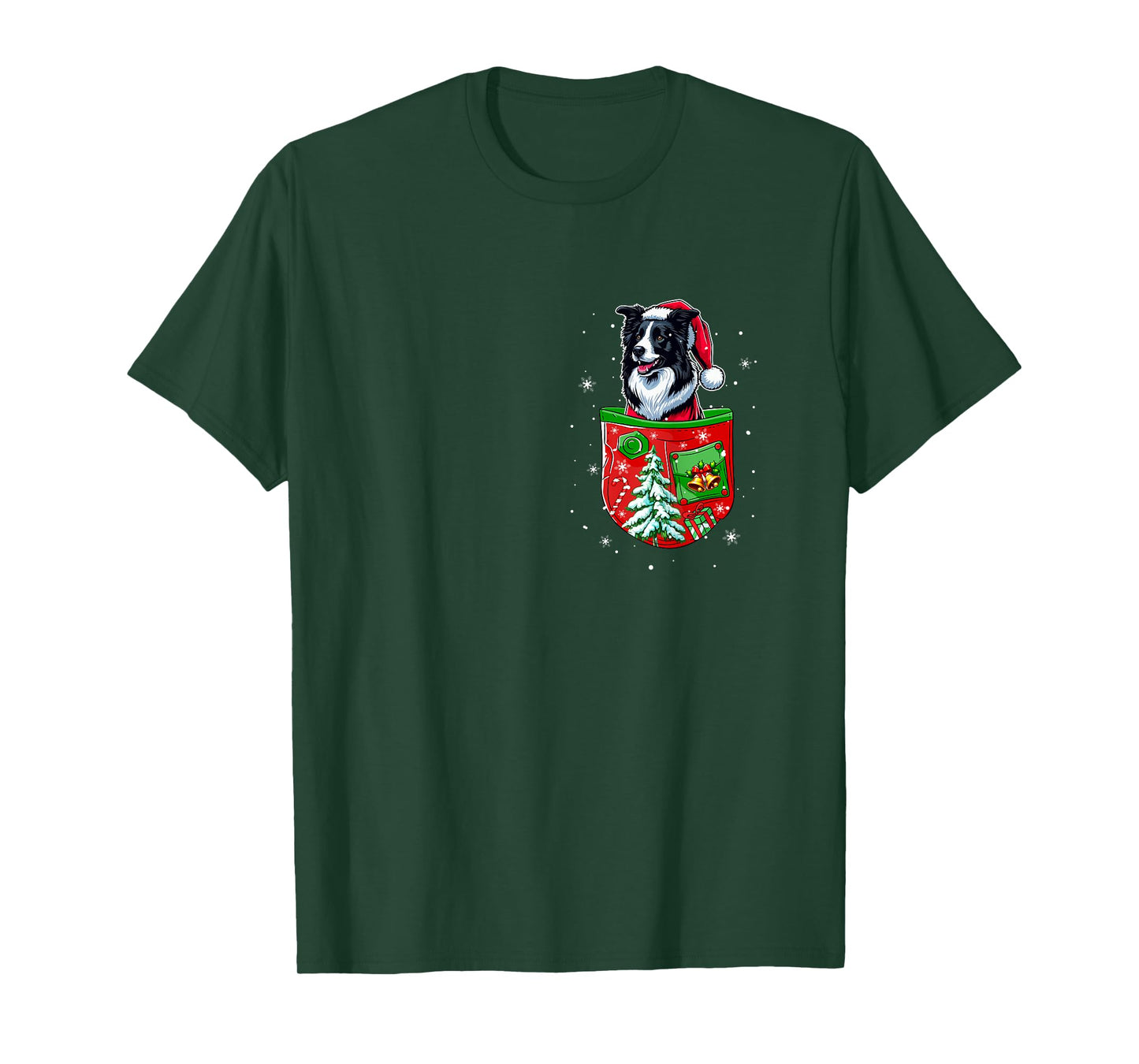 Santa Border Collie in Pocket Owner Christmas Tree Bells T-Shirt