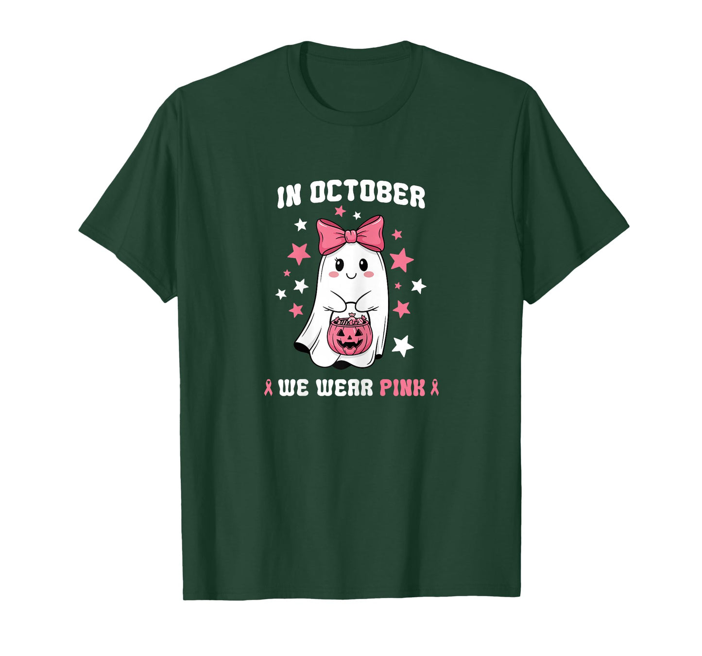 in October We Wear Pink Ghost Witch Breast Cancer Awareness T-Shirt