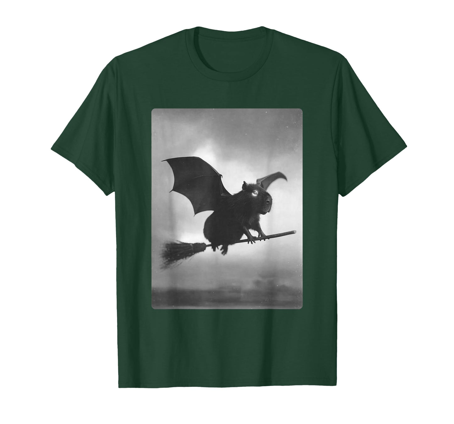 Gothic Capybara Witch Broomstick Bat Wings Spooky Halloween T-Shirt
