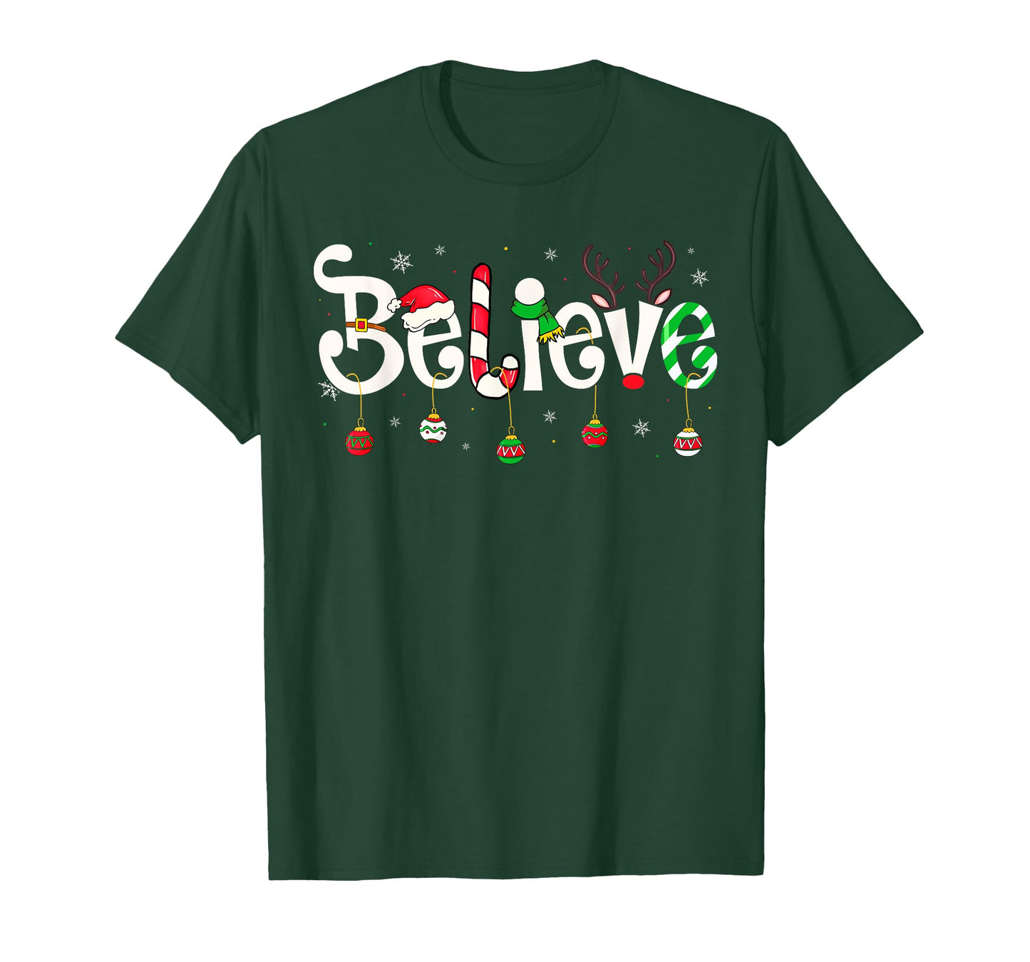 Merry Christmas Believe Santa Claus Reindeer Candy Cane Xmas T-Shirt