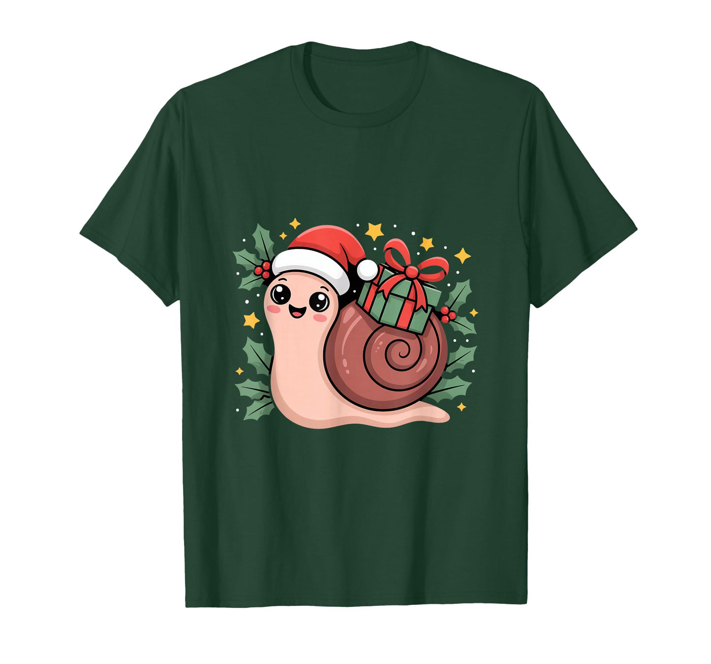 Kawaii Santa Snail with Wrapped Box and Holly Stars T-Shirt