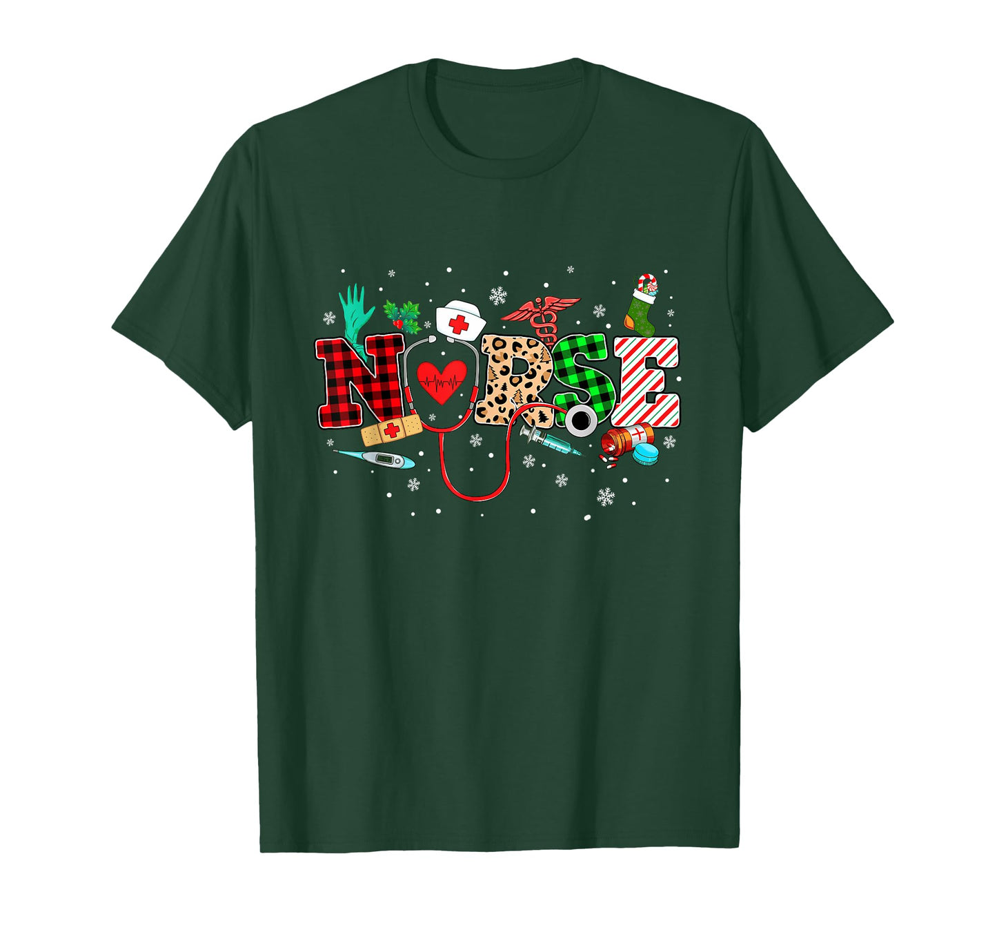 Nurse Christmas Stethoscope Nurses Buffalo Plaid Red Green T-Shirt