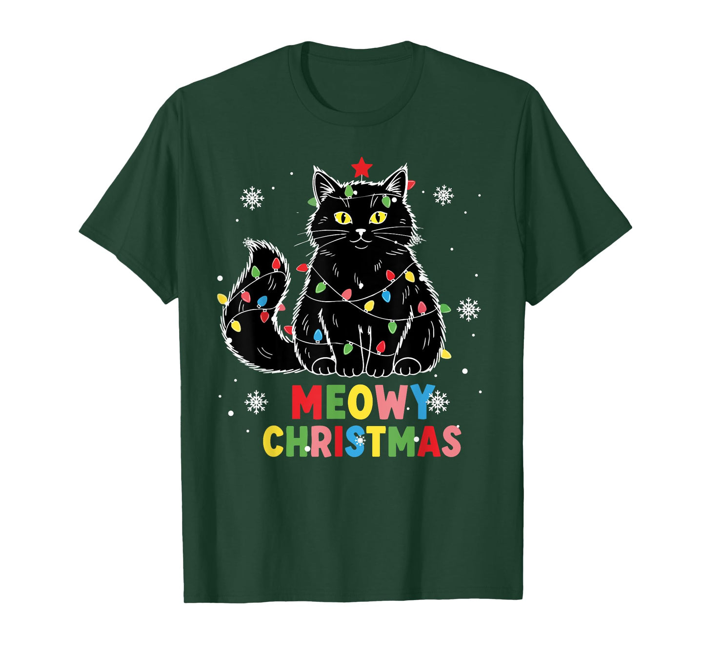 Funny Meowy Christmas Xmas Lights Black Cat Pajamas Family T-Shirt