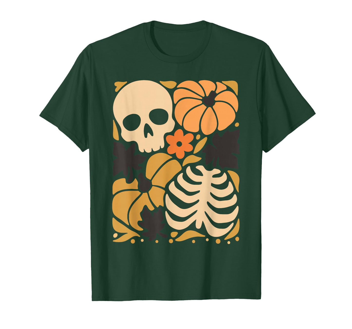 Retro Halloween Skull Pumpkin Ribcage Fall Leaves Spooky T-Shirt
