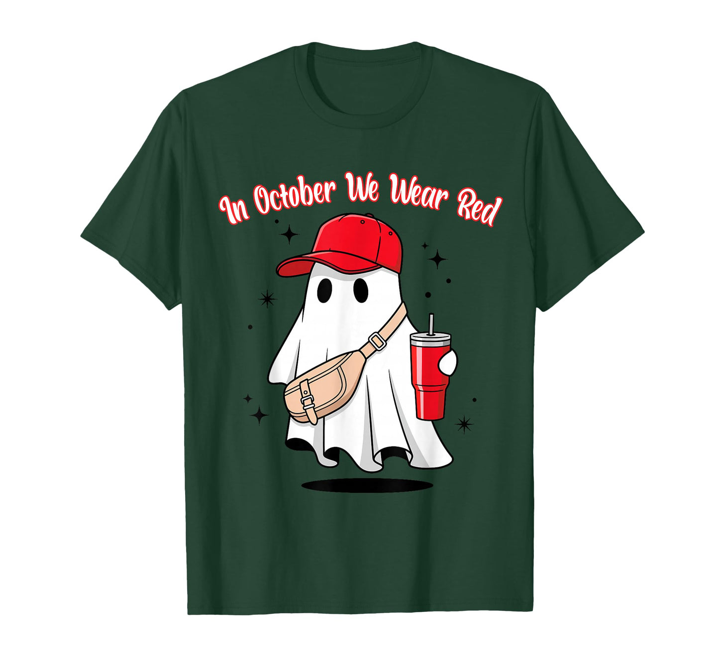in October We Wear Red October Funny Ghost with Baseball Hat T-Shirt
