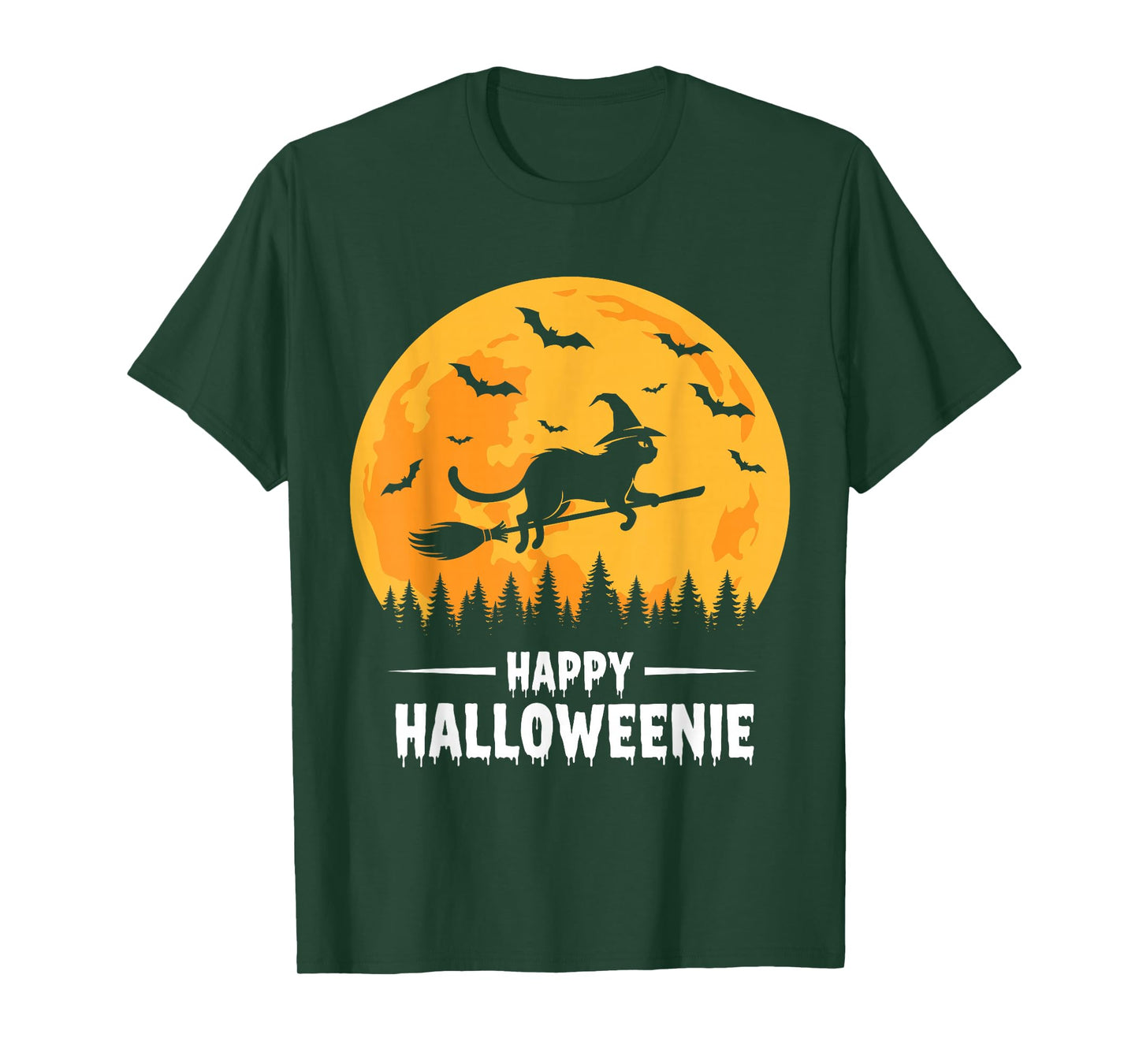 Happy Halloweenie Funny Halloween Cat Flying Witch T-Shirt