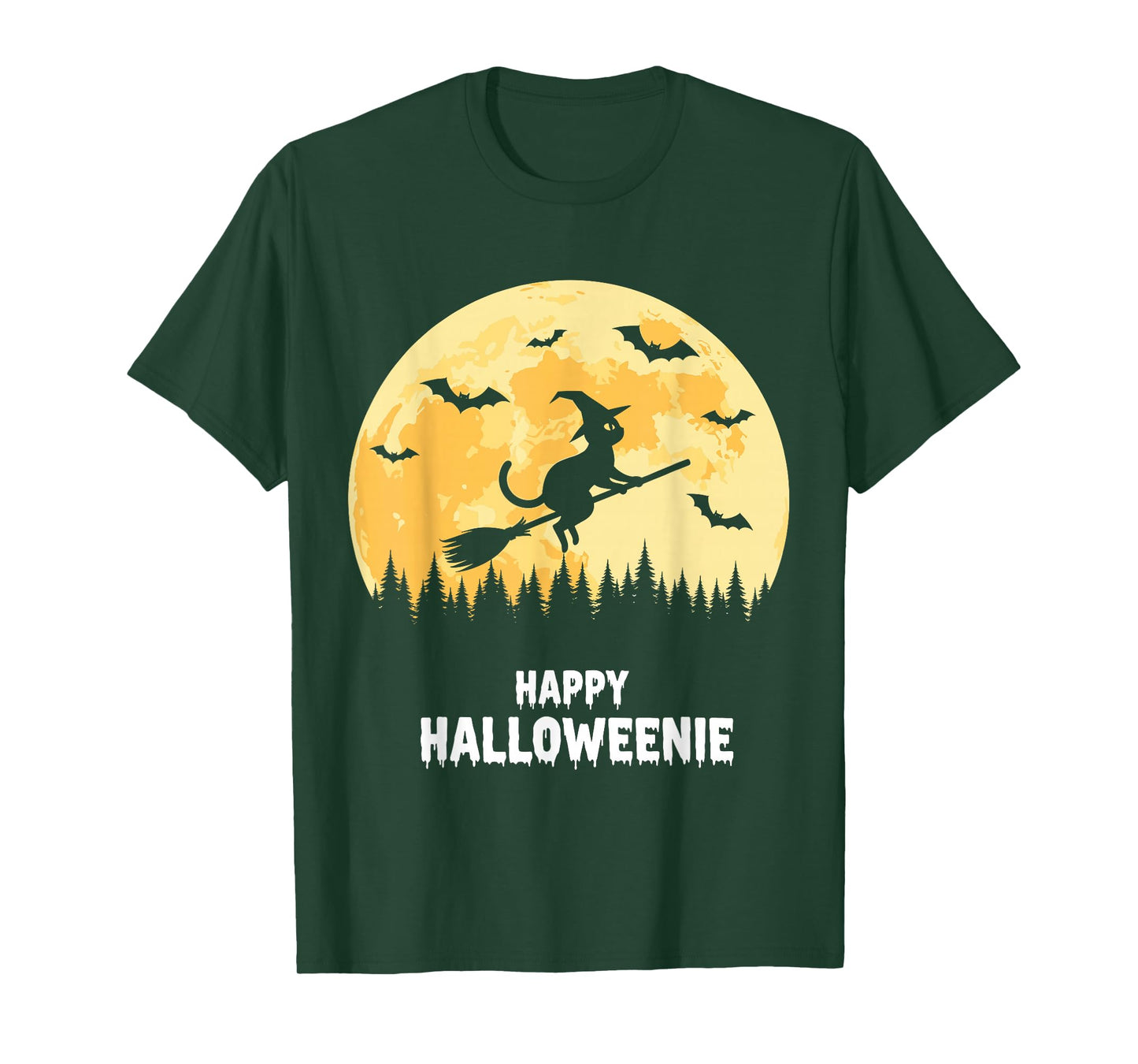 Happy Halloweenie Funny Halloween Cat Flying Witch T-Shirt