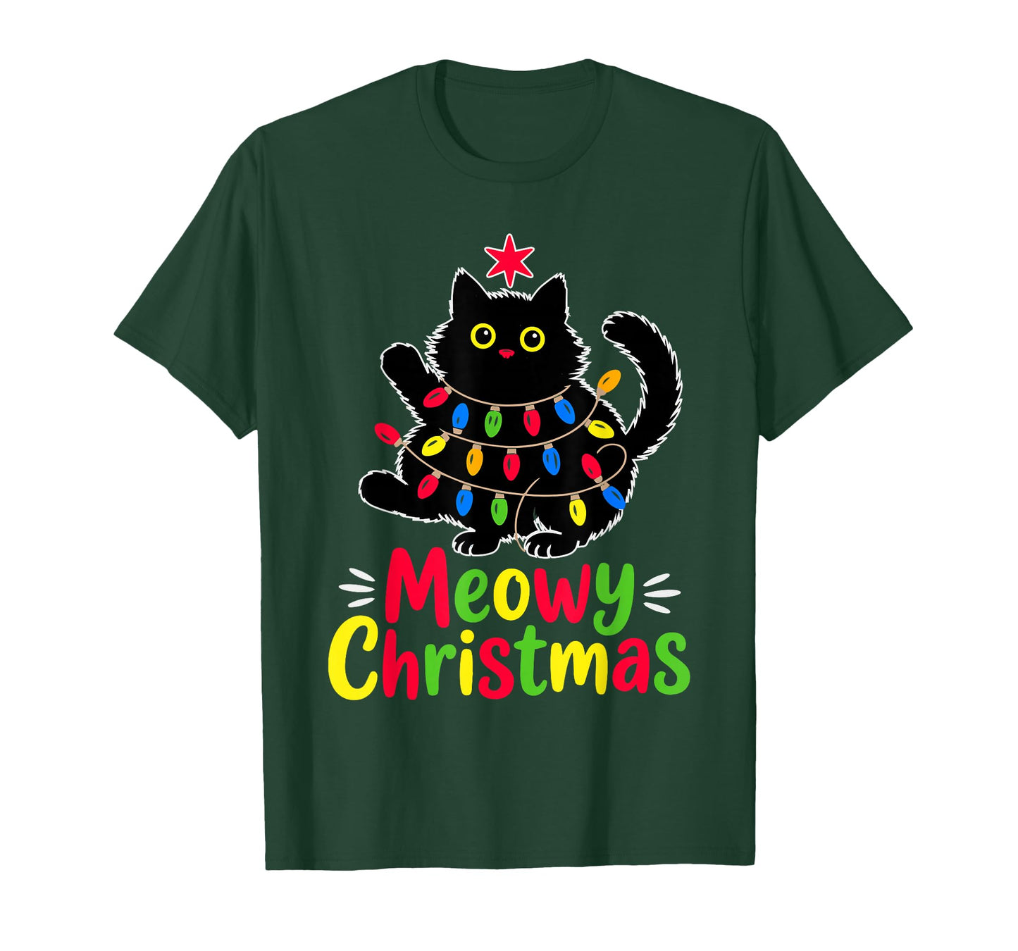 Meowy Christmas Xmas Lights Black Cat Funny Men Women Kids T-Shirt