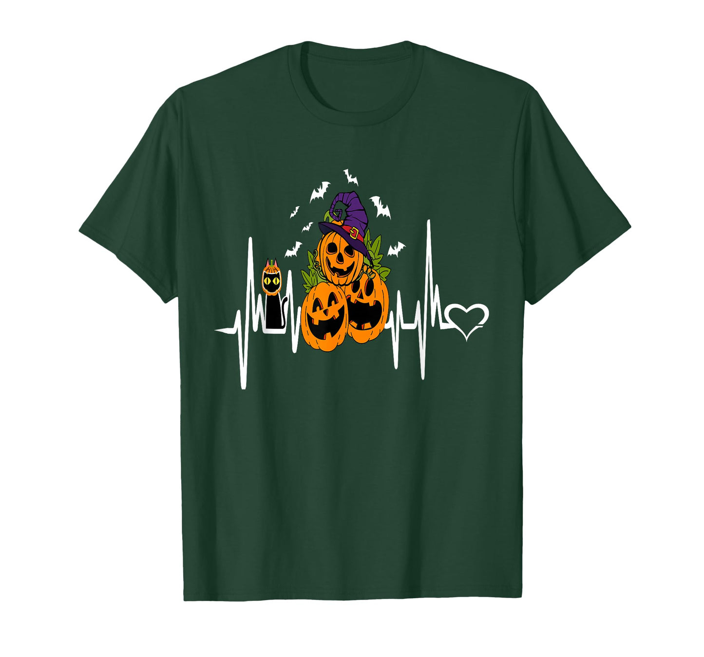 Funny Pumpkin Heartbeat Halloween with Cat Women Men Kids T-Shirt