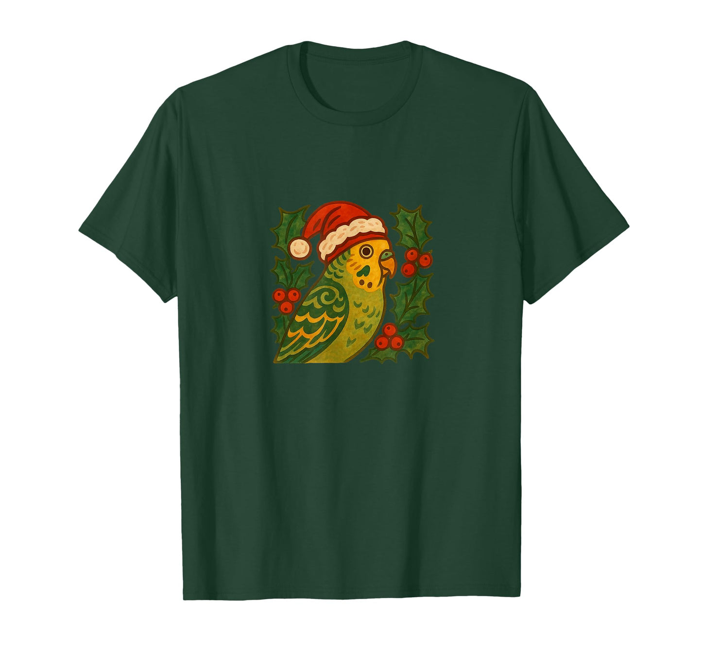 Parakeet in Santa Hat with Christmas Holly T-Shirt