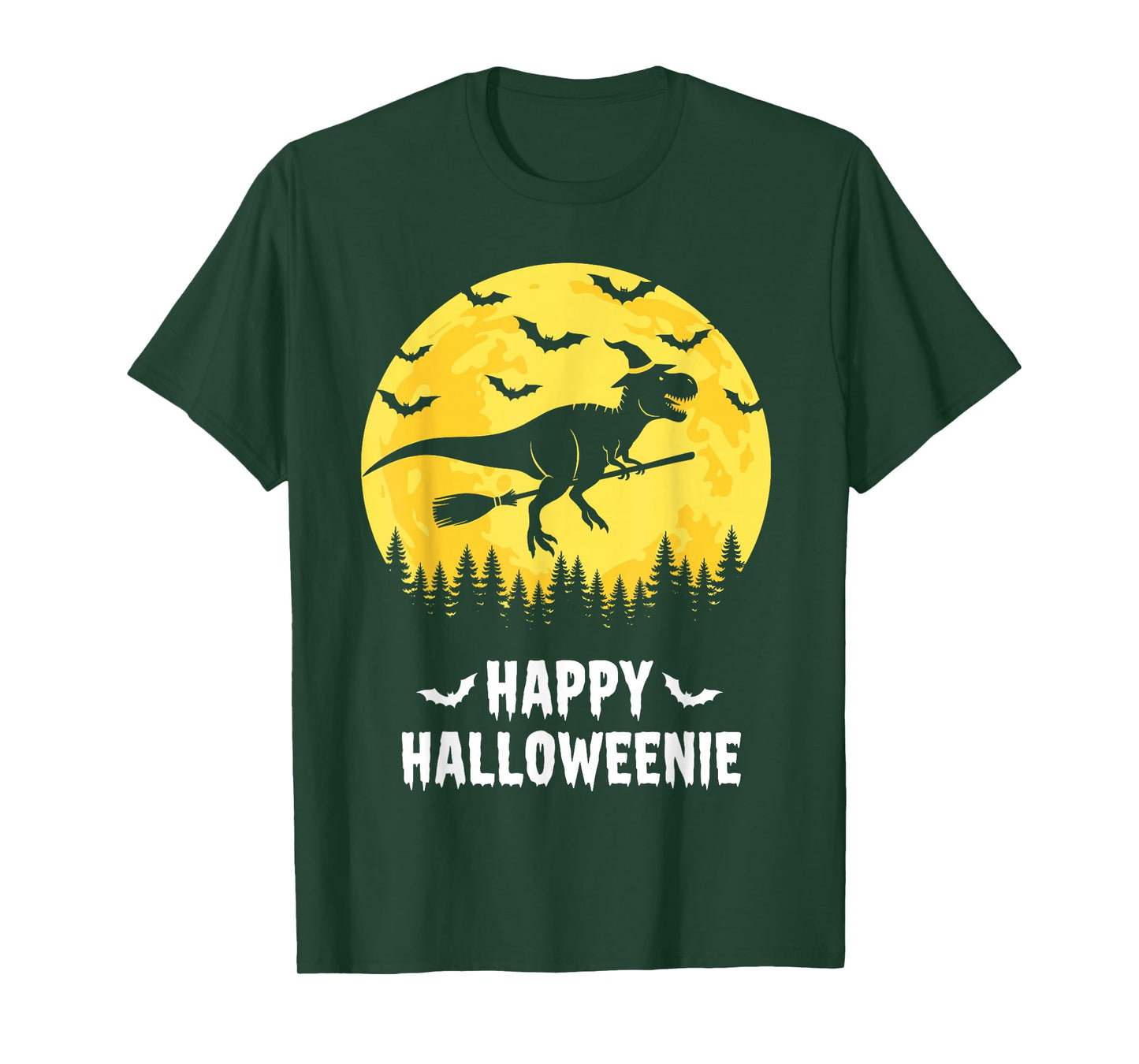 Happy Halloweenie Funny Dinosaur T Rex Flying Witch T-Shirt