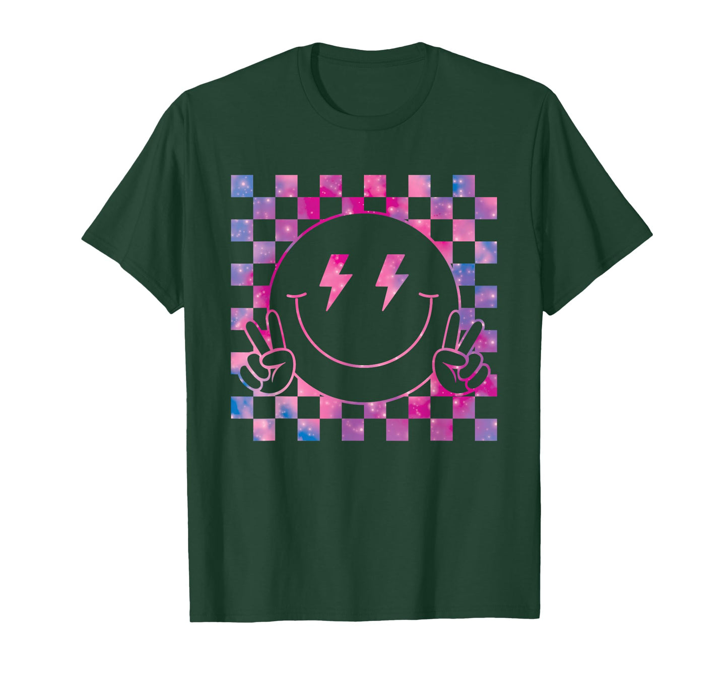 Checkered Lightning Bolt Eyes Happy Smiling Smile Face Peace T-Shirt