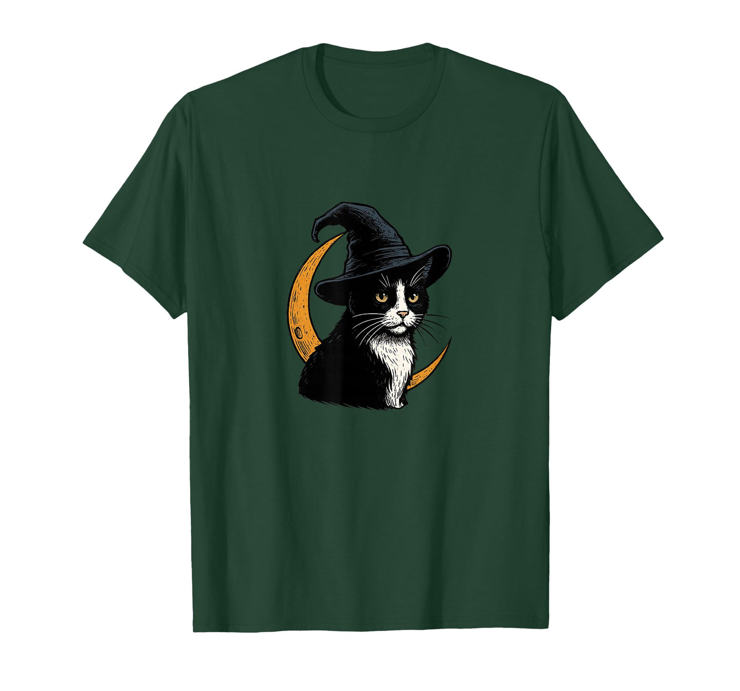 Black White Tuxedo Cat Witch Halloween Crescent Moon Design T-Shirt