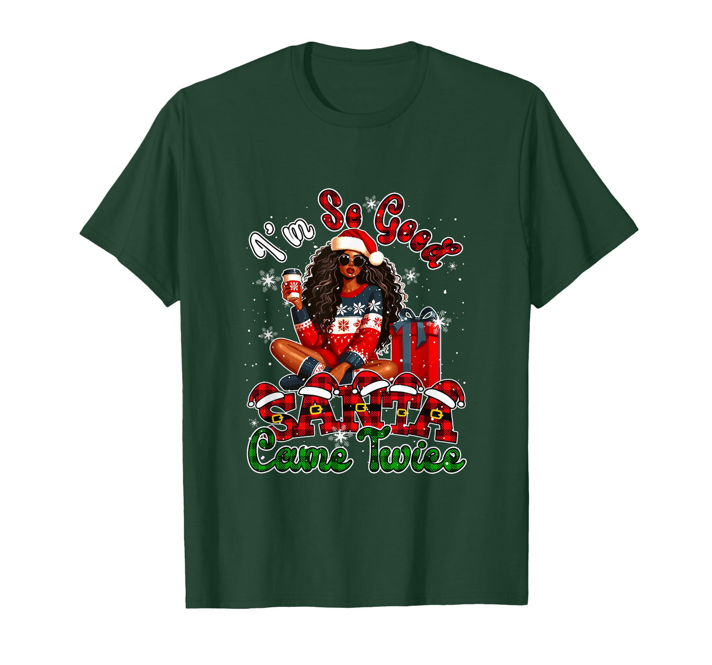 Funny Joke Santa Came Xmas Santa Afro Girl Drinking Coffee T-Shirt