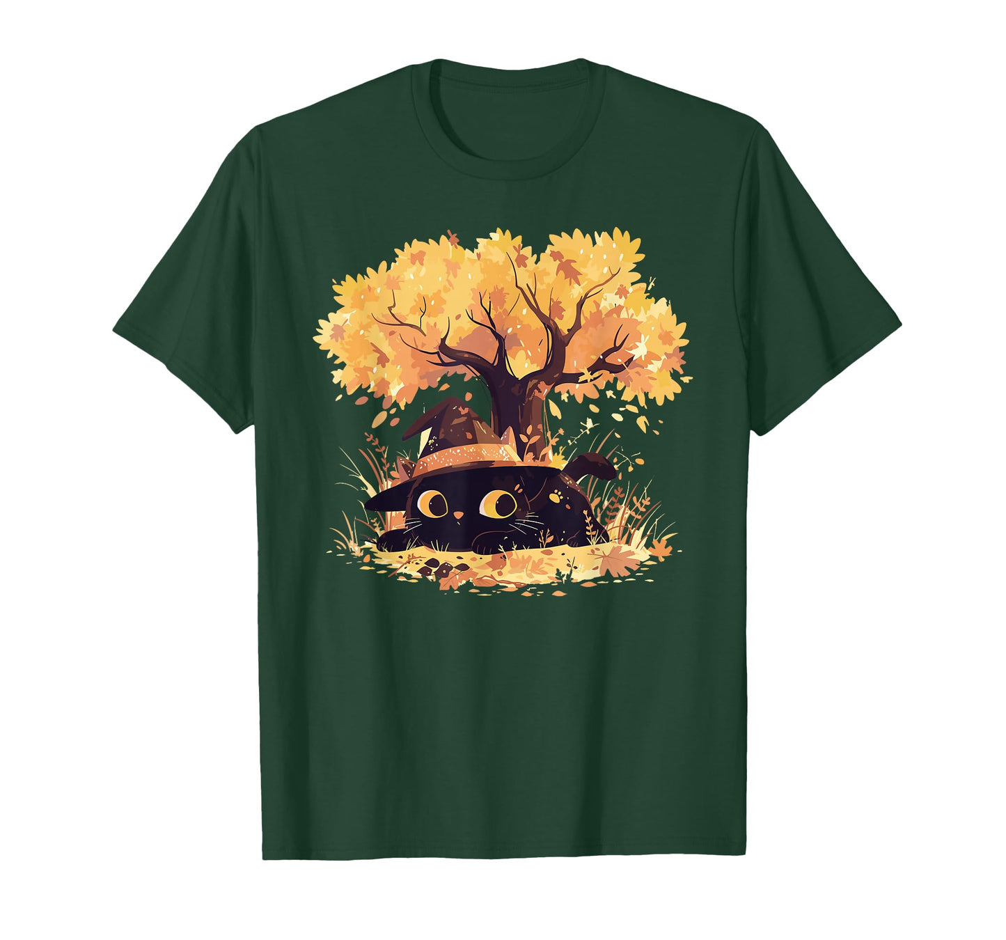 Black Cat Fall Theme with Cat Witch Halloween Cat Witchy Cat T-Shirt