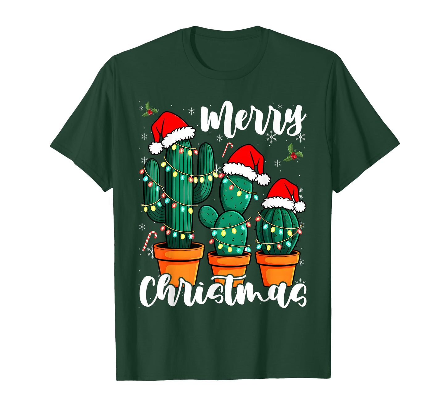 Cactus Christmas Xmas Trees Lights Santa Hat Lovers T-Shirt