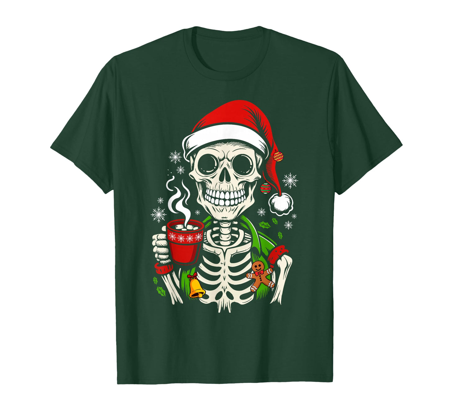 Funny Christmas Skeleton Drinking Coffee Smiling Skull Xmas T-Shirt