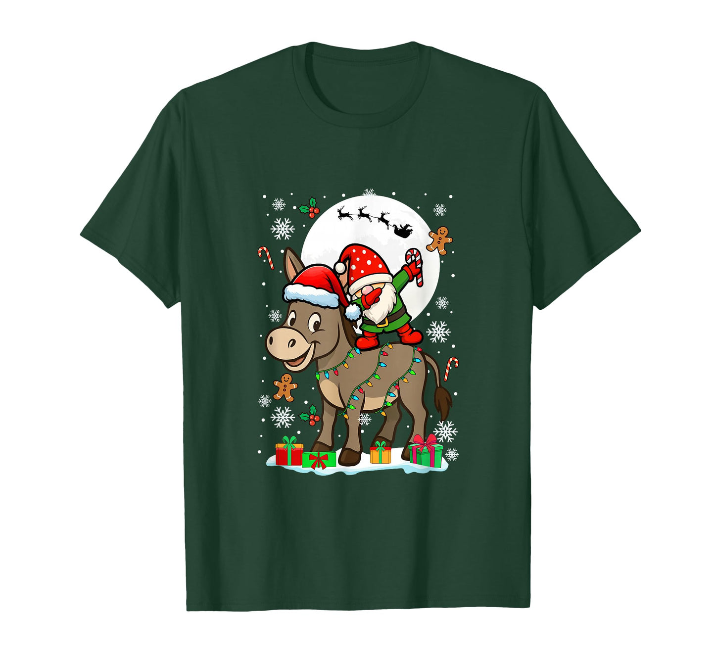 Dabbing Gnome On Donkey Christmas Santa Colorful Lights T-Shirt
