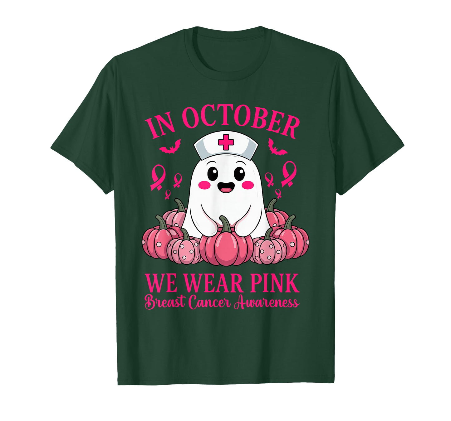 in October We Wear Pink Ghost Witch Awareness T-Shirt