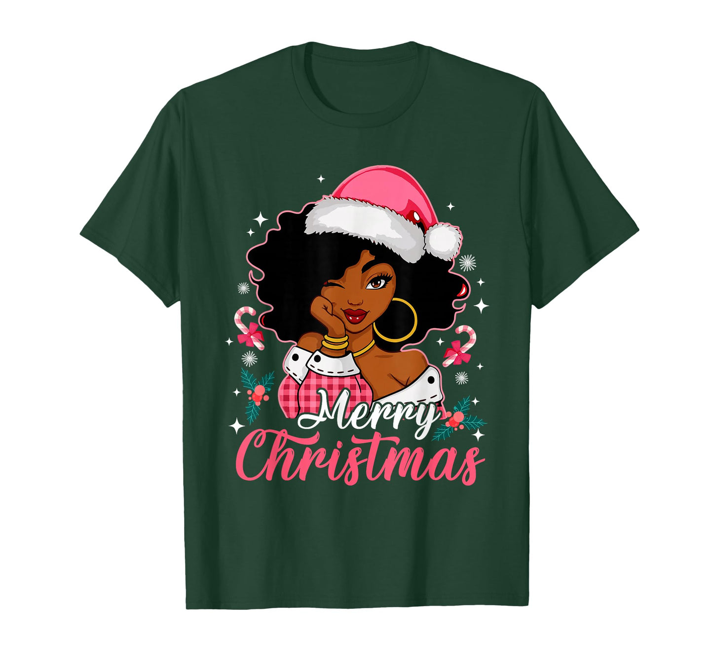 Merry Christmas Black Afro African American Girl Santa Hat T-Shirt