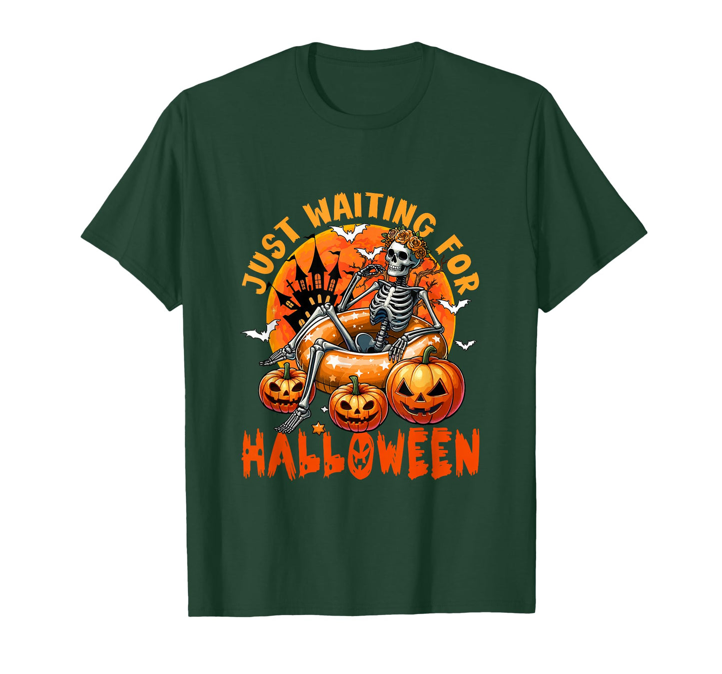 Waiting for Halloween Skeleton Woman Horror Carved Pumpkins T-Shirt