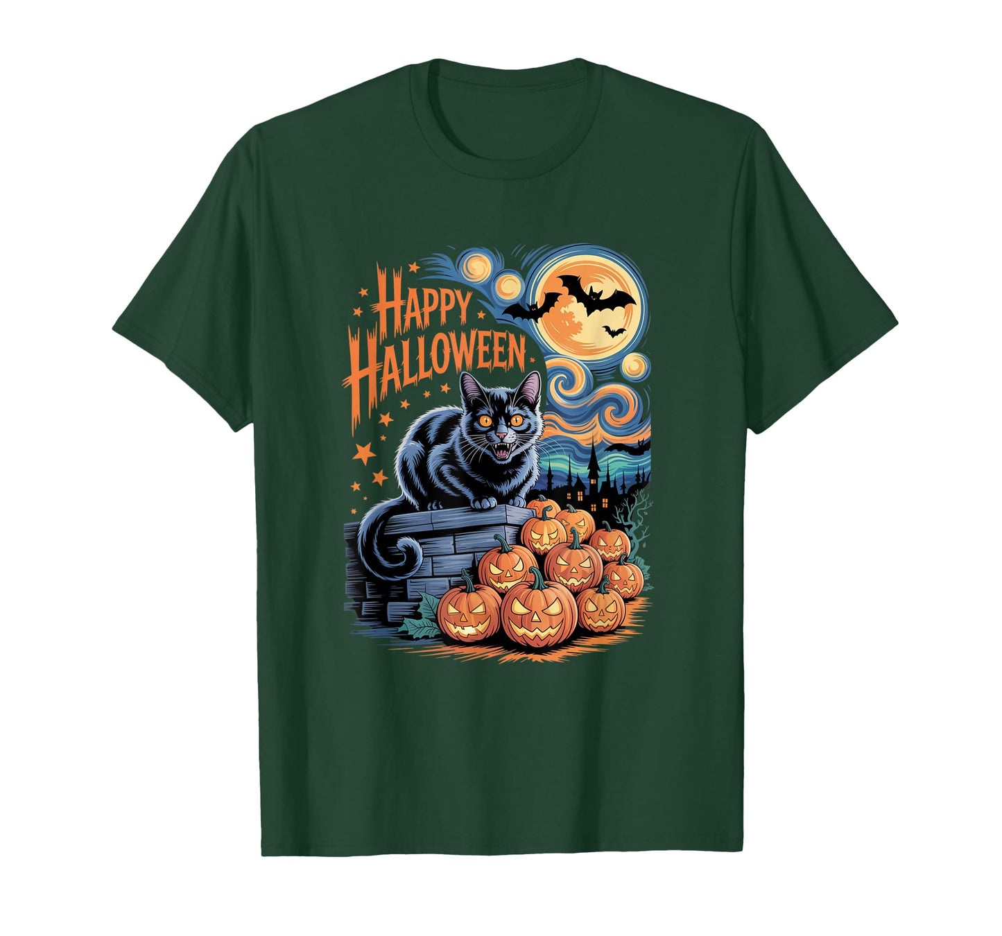 Halloween Cat and Pumpkins Van Gogh Starry Night Style T-Shirt