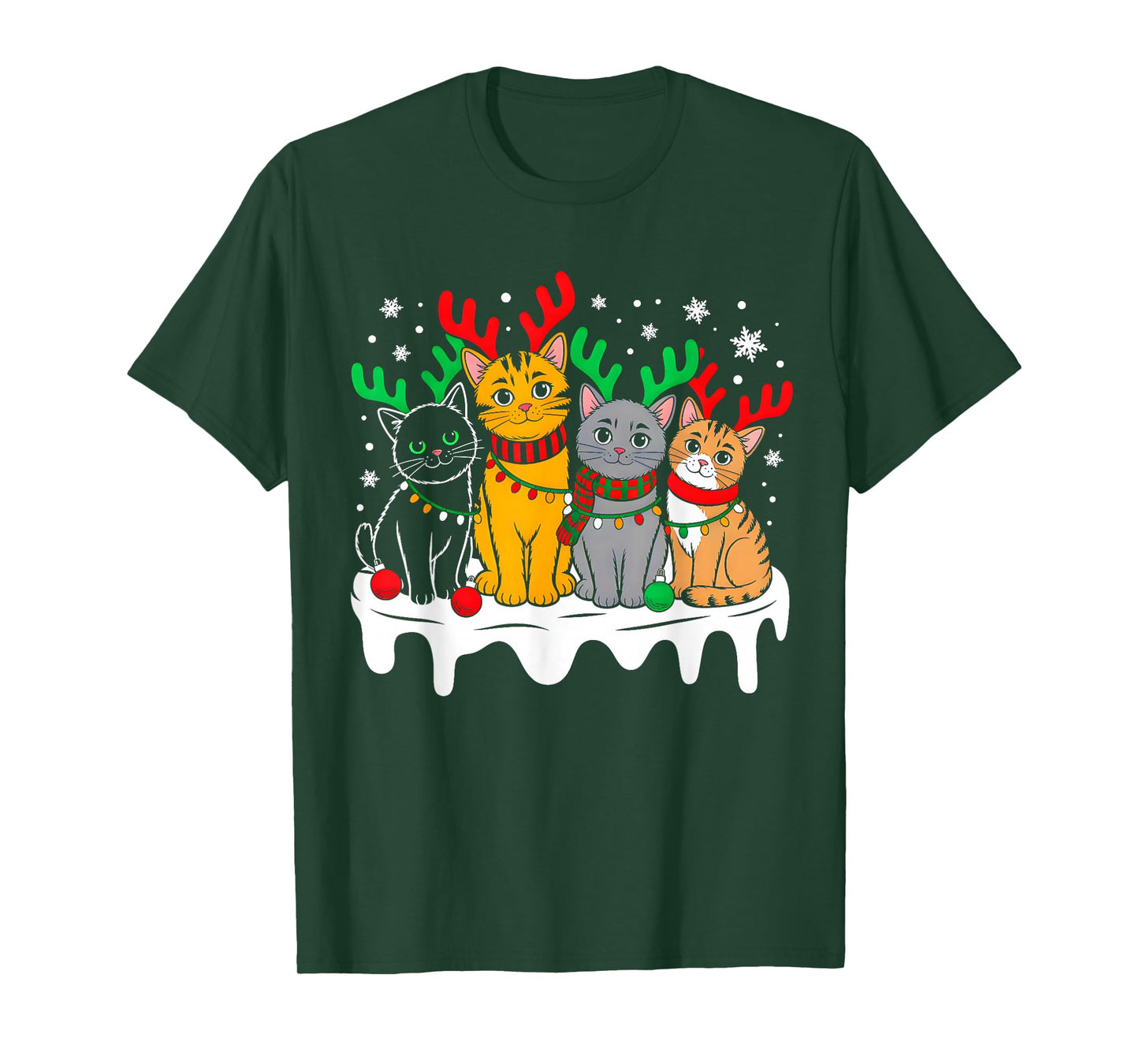 Cat Christmas Light Reindeer Santa Christmas Funny Cat Lover T-Shirt