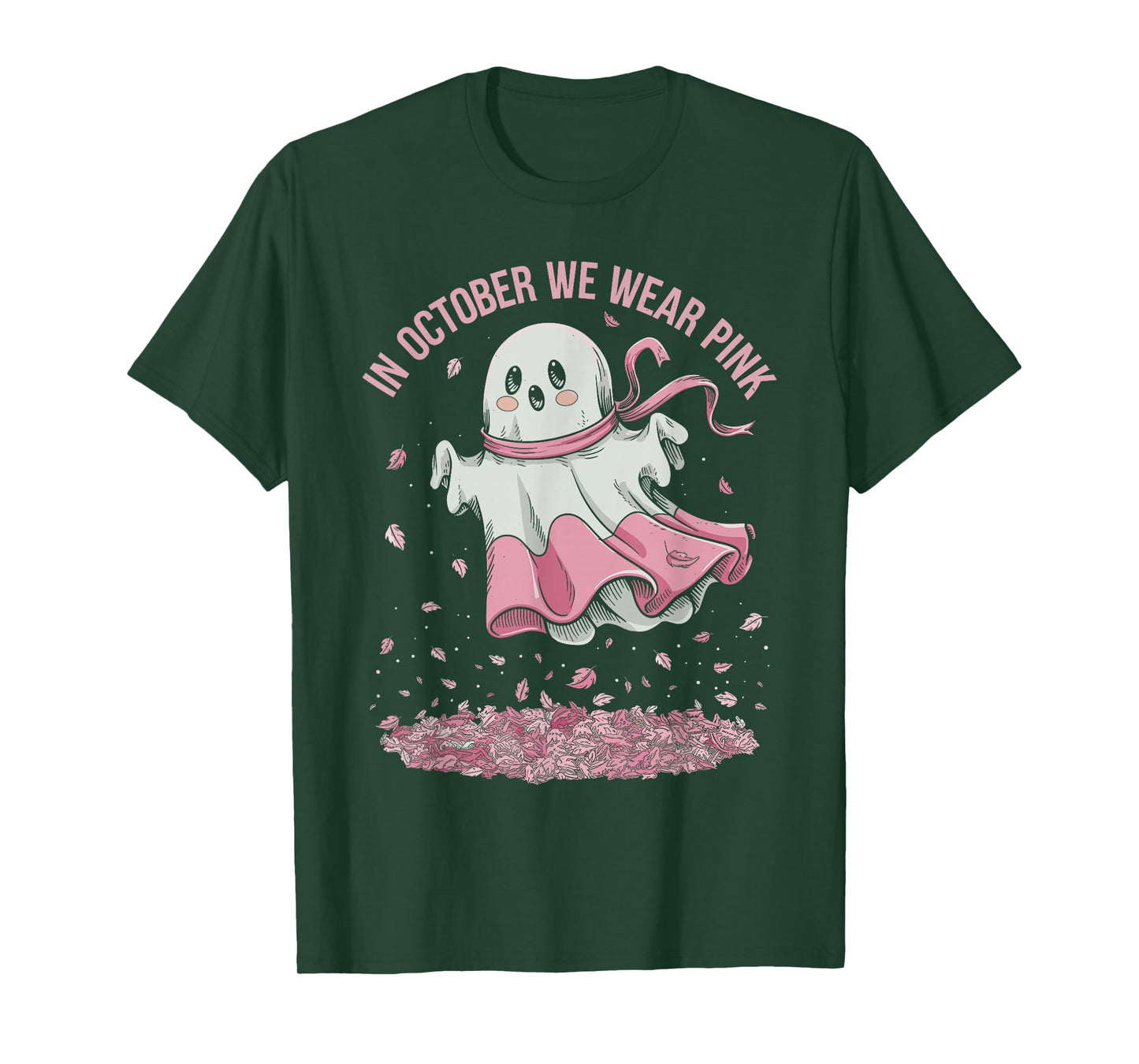 in October We Wear Pink Ghost Witch Breast Cancer Awareness T-Shirt